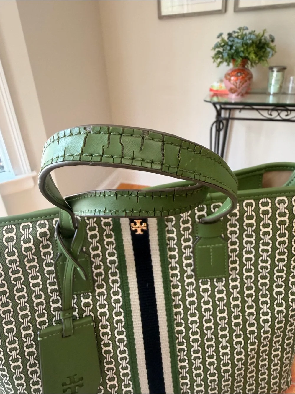 Tory Burch Green Tote Bag with Chain-Patterned Canvas and Stripe Detail.
